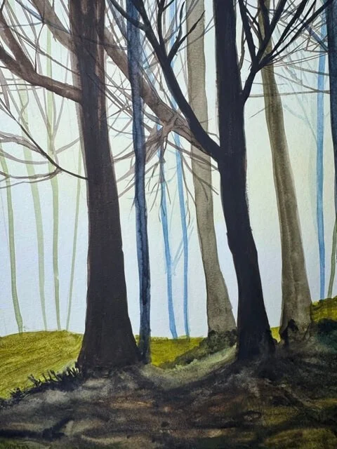 Foreground detail showing earthy textures and soft light in "The Waiting Grove" painting.