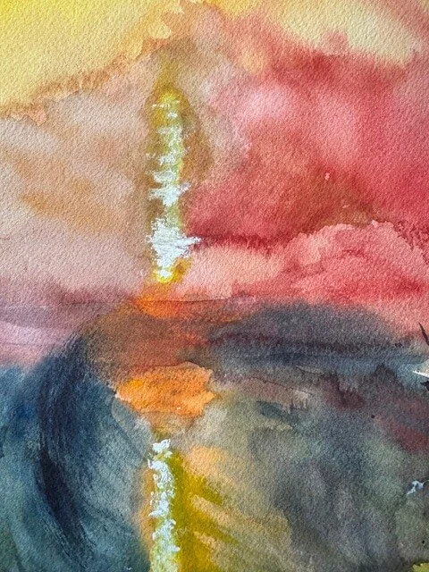 Glowing vertical reflection of the sun on the sea in watercolor, surrounded by deep red and dark green tones.