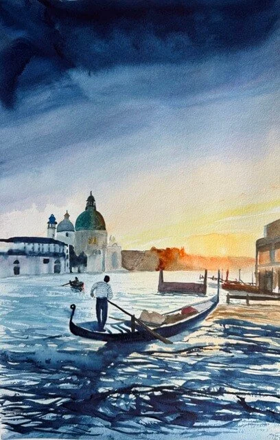 Original watercolor painting of a gondolier rowing through a Venetian canal at sunset, with domes and buildings in the background