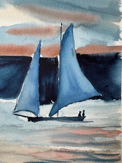 Detail of sailboat with two figures and blue sails on calm water in watercolor painting.