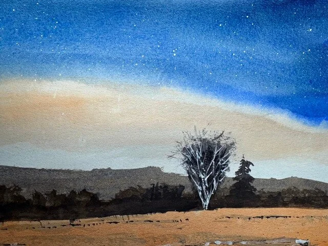 Silhouetted tree line and white-trunked tree under a glowing night sky