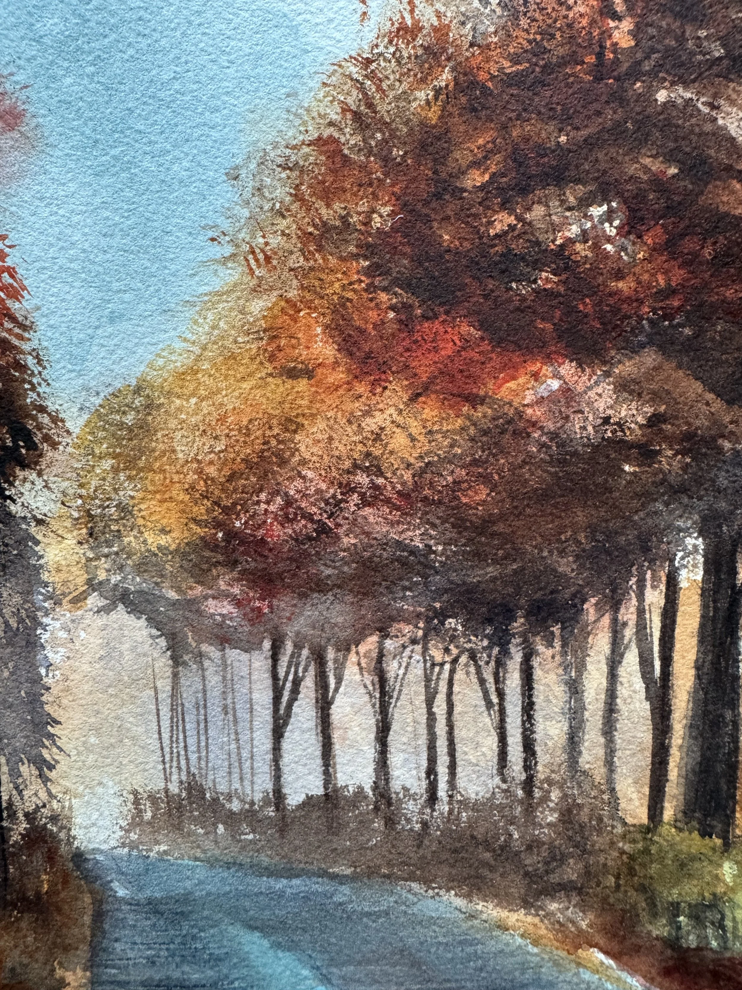 Close-up of warm autumn foliage in red, gold, and burnt umber in a watercolor painting