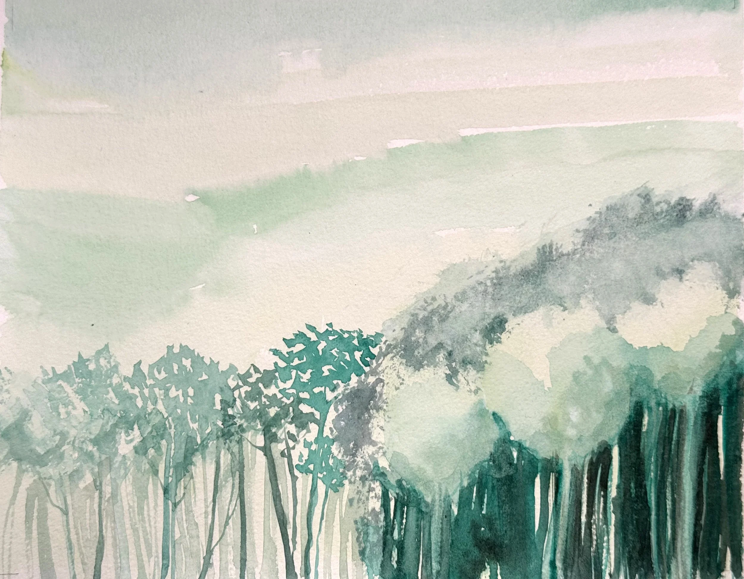 minimalist watercolor painting of misty forest with soft green trees