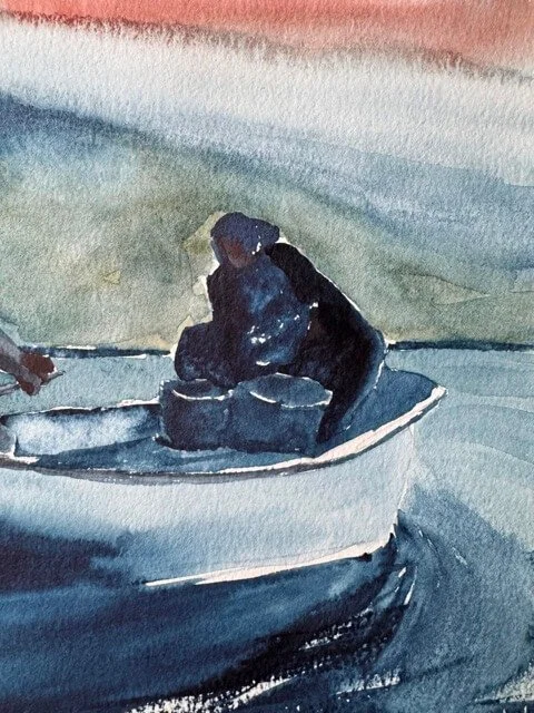 Watercolor detail of seated figure next to rounded containers or barrels in a rowboat.