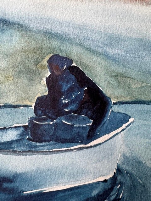 Detail of boat curve and deep blue water ripples in expressive watercolor strokes.