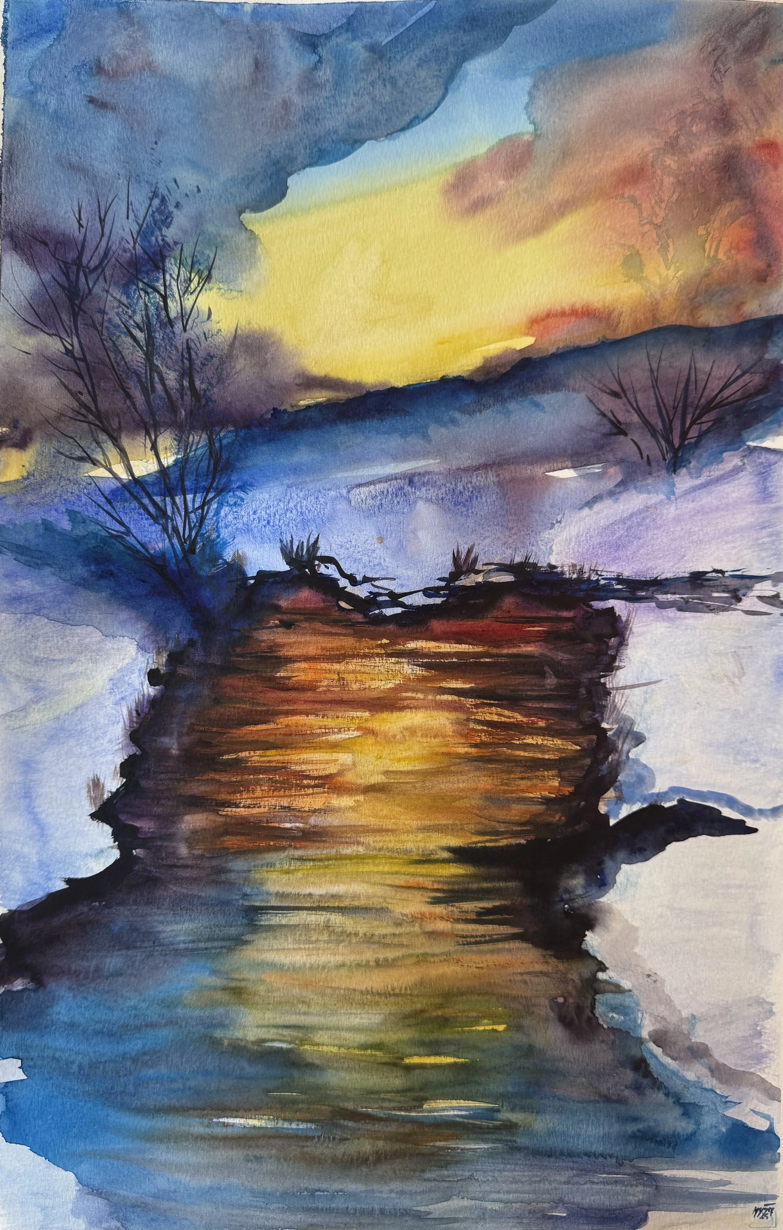 Original watercolor painting of a winter stream reflecting warm golden light through bare trees by Miguel Munoz