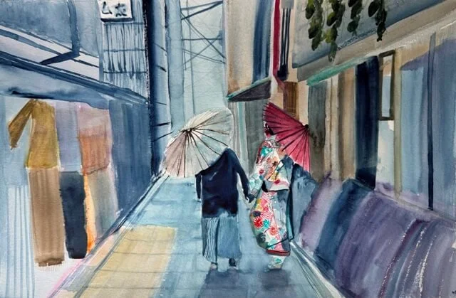 Original watercolor painting of two people walking in a Japanese alleyway under umbrellas, one wearing a colorful kimono