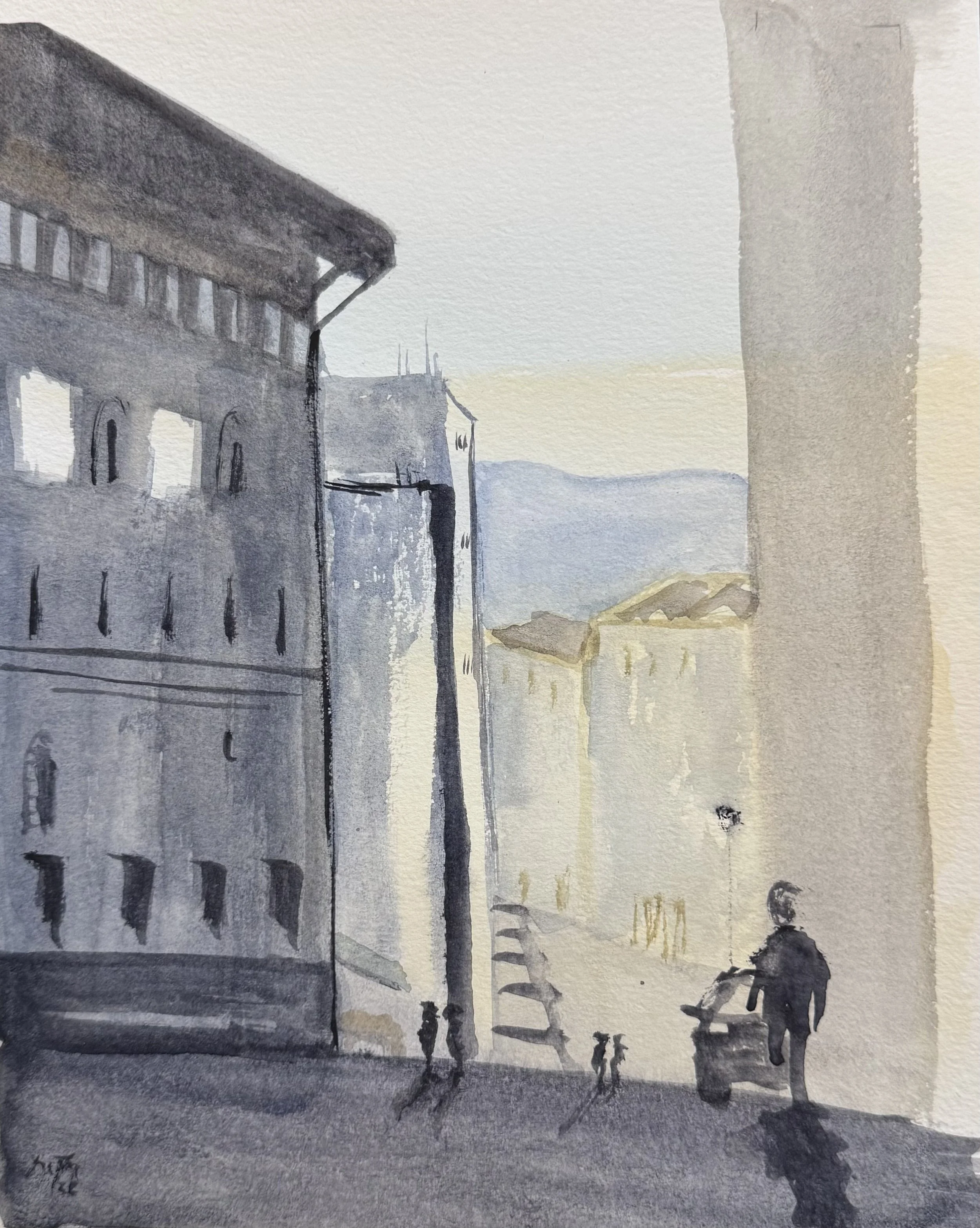 Original watercolor painting of a quiet European street with historic buildings, soft morning light, distant hills, and a solitary figure by Miguel Munoz.