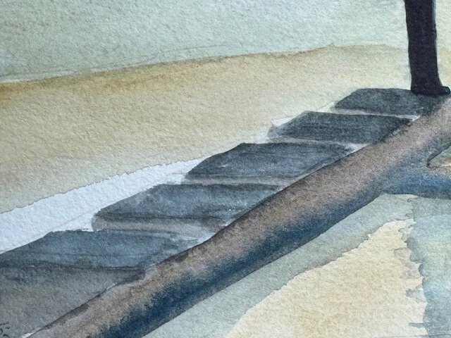 Stone steps and grounded shadows leading to a tree