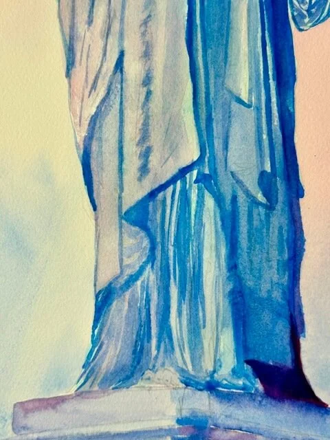 Watercolor detail showing the folds and shadows in the statue's flowing robe.