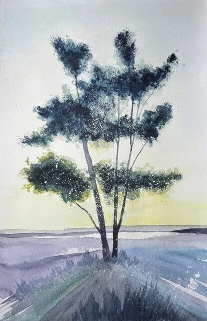 Original watercolor painting titled "Roots of Strength" showing two tall trees on a shoreline at sunrise, with textured foliage and misty atmosphere