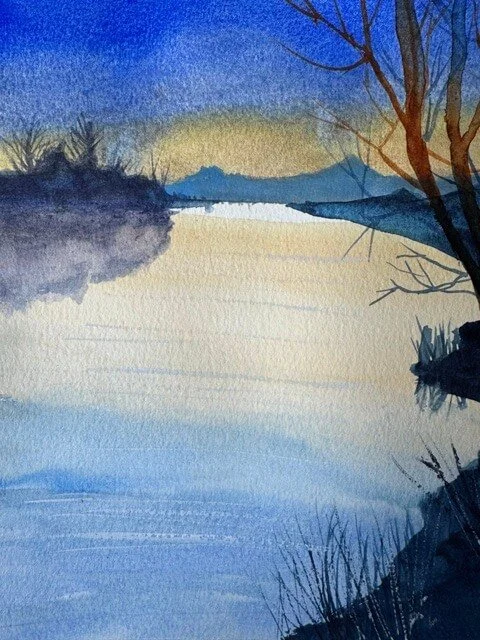 Detail of watercolor river with golden and blue reflections under a darkening sky