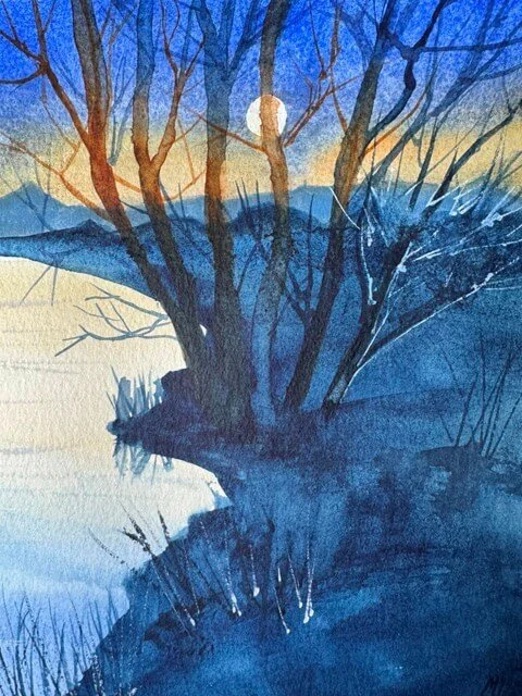 Close-up of full moon behind bare tree branches in a deep blue and gold watercolor landscape