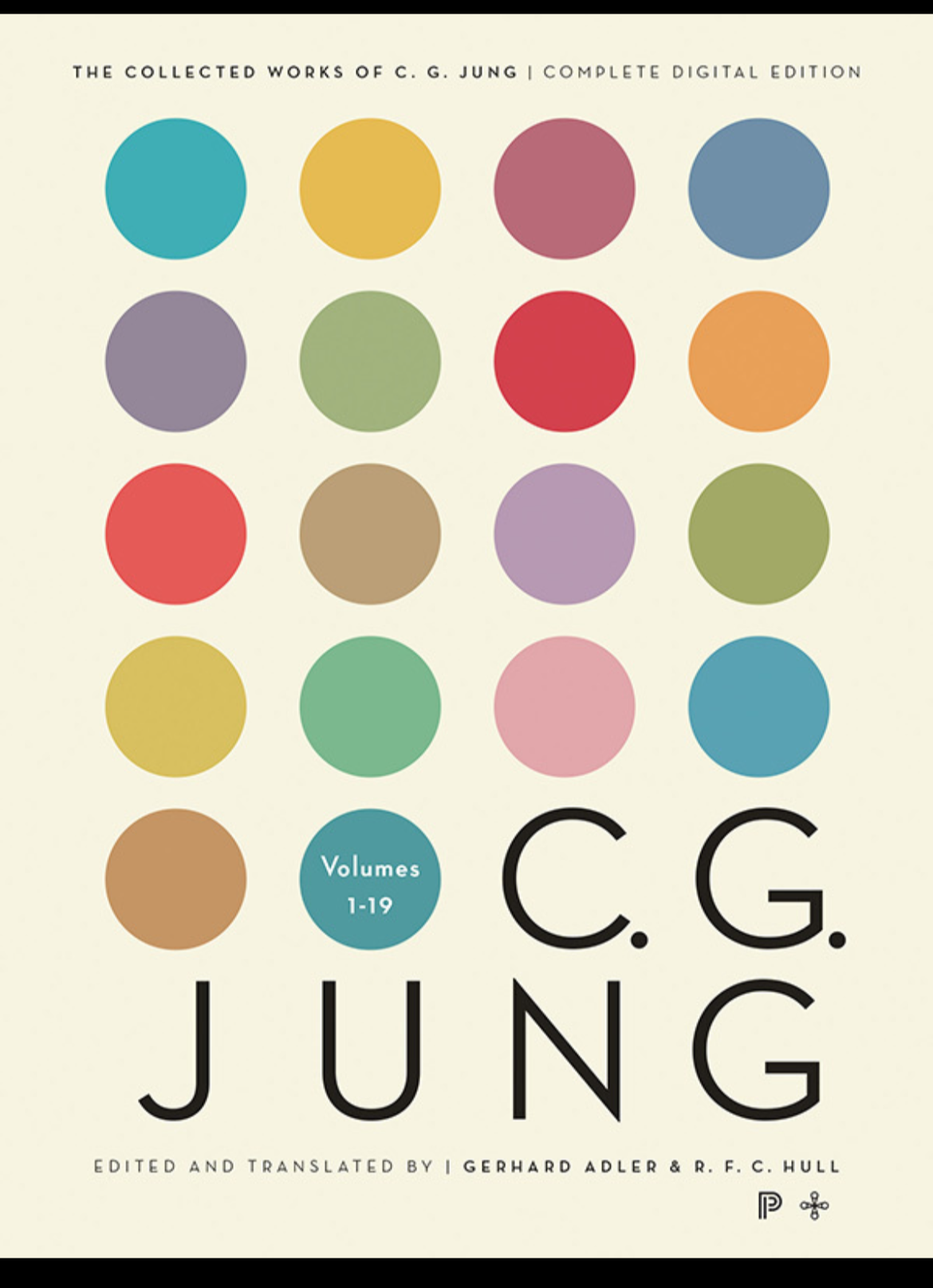 Cover of a book titled "The Collected Works of C. G. Jung, Complete Digital Edition" featuring a grid of colorful circles, and large black text 'C. G. Jung' at the bottom, with additional text indicating it includes volumes 1-19, edited and translated by Gerhard Adler and R. F. C. Hull.
