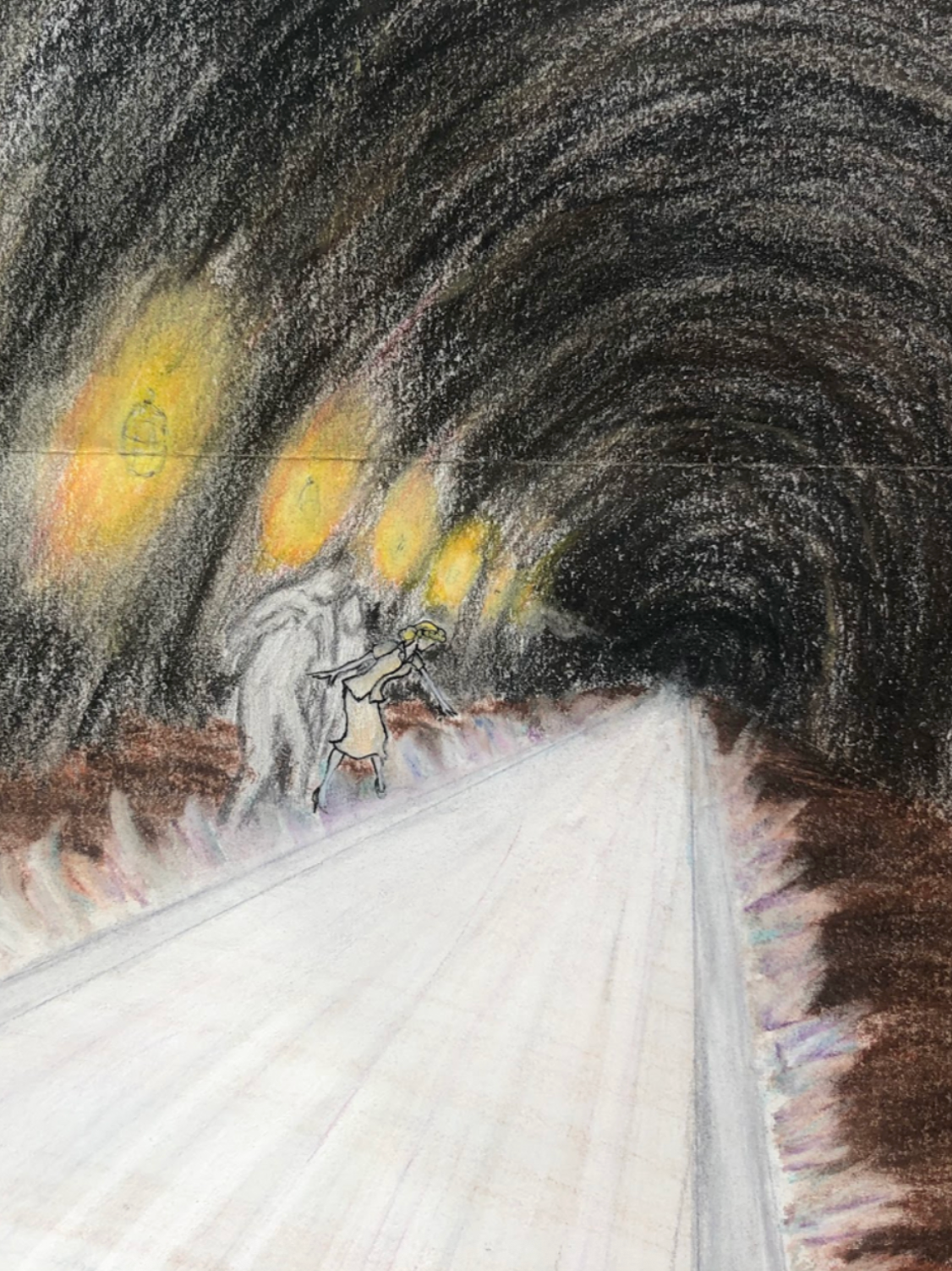 A hand-drawn picture of a girl walking through a dark tunnel with glowing yellow lights overhead and a white road in front.