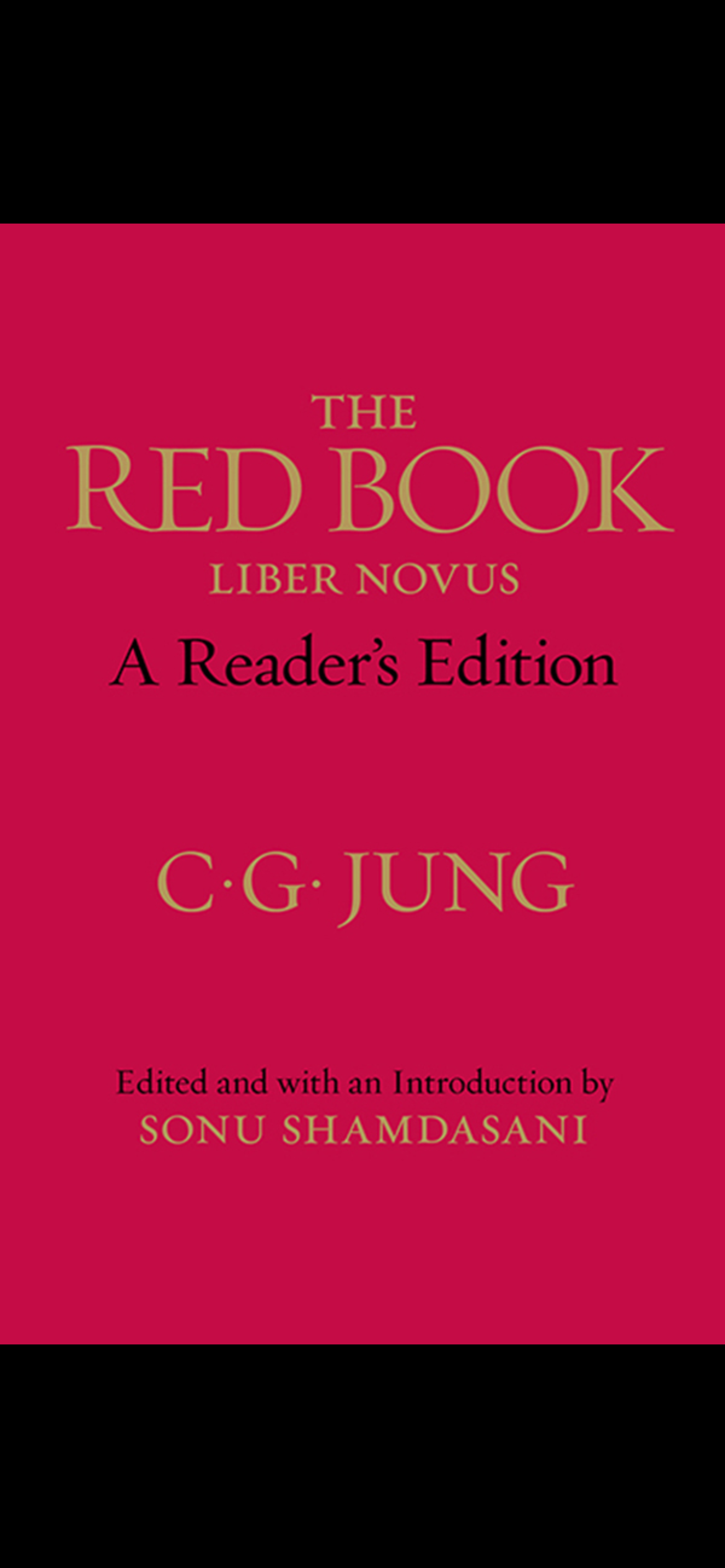 Book cover titled 'The Red Book: Liber Novus, A Reader's Edition' by C.G. Jung, edited and with an introduction by Sonu Shamdasani. The cover is red with gold and black text.