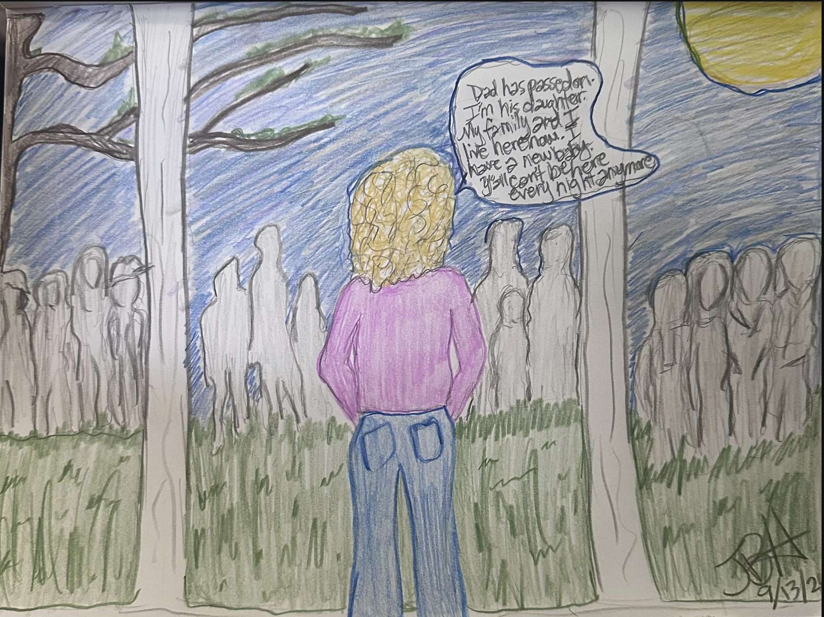 A colored pencil drawing of a blond woman from the back, looking out over a lawn of spirits under a night moon