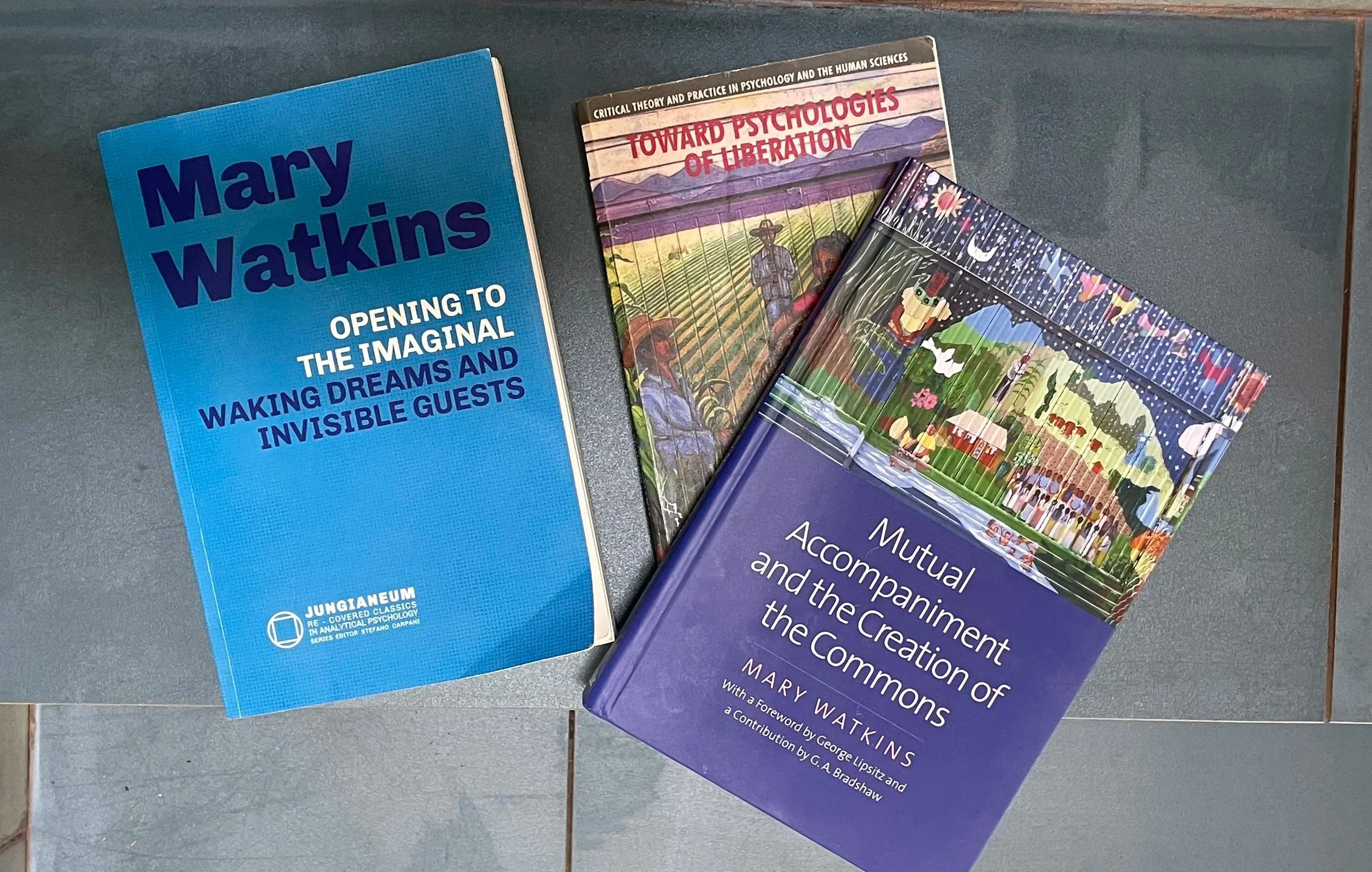 Three academic books on a blue tiled floor. The first is blue titled "Mary Watkins, Opening to the Imaginative, Waking Dreams and Invisible Guests." The second is a multicolored book titled "Toward Psychologies of Liberation," and the third is a purple book titled "Mutual Accommodation and the Creation of the Common" by Mary Watkins.
