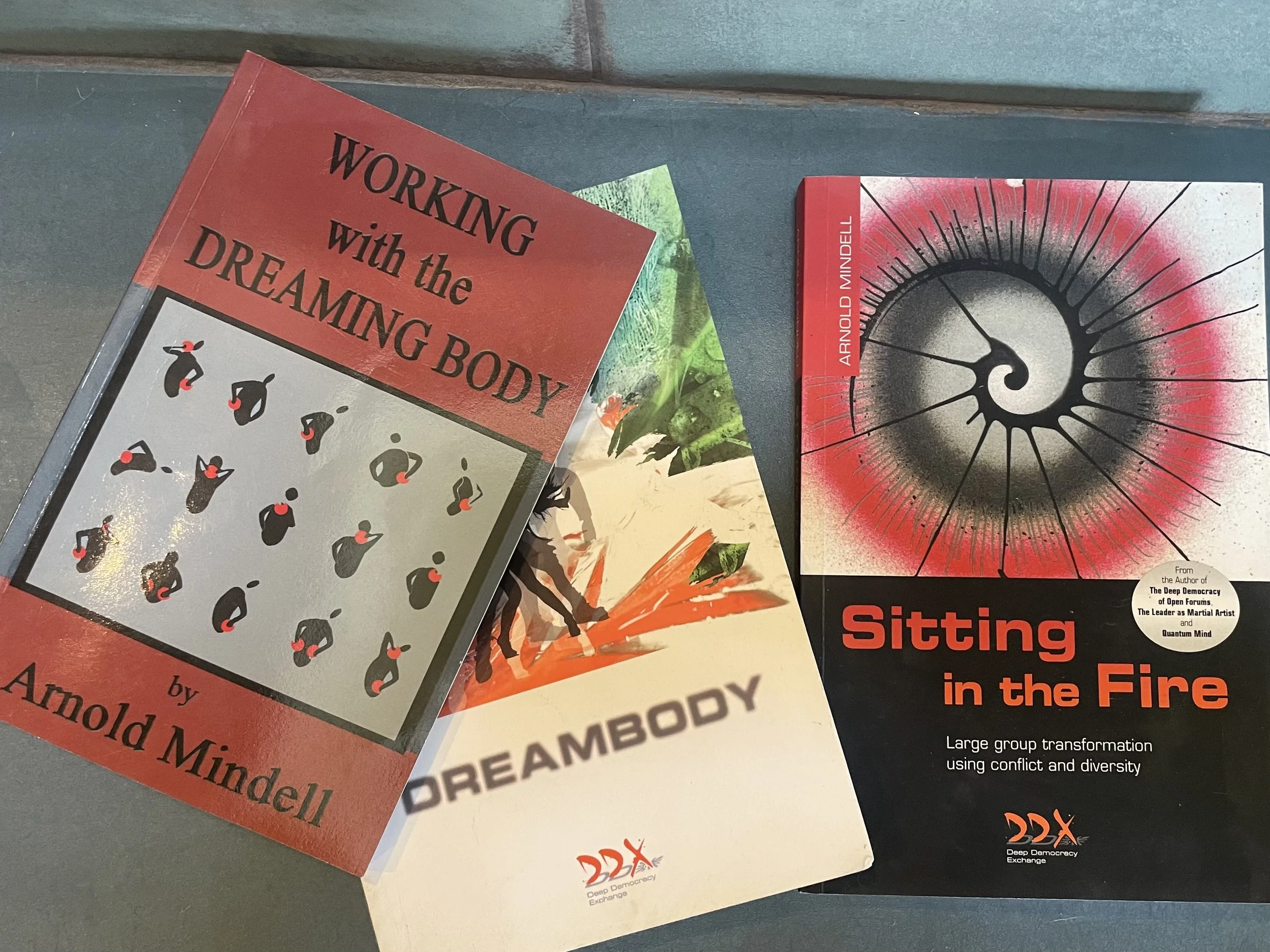 Multiple books and pamphlets on a surface, including a red book titled "Working with the Dreaming Body" , "Dreambody"  , and "Sitting in the Fire" by Arnold Mindell,