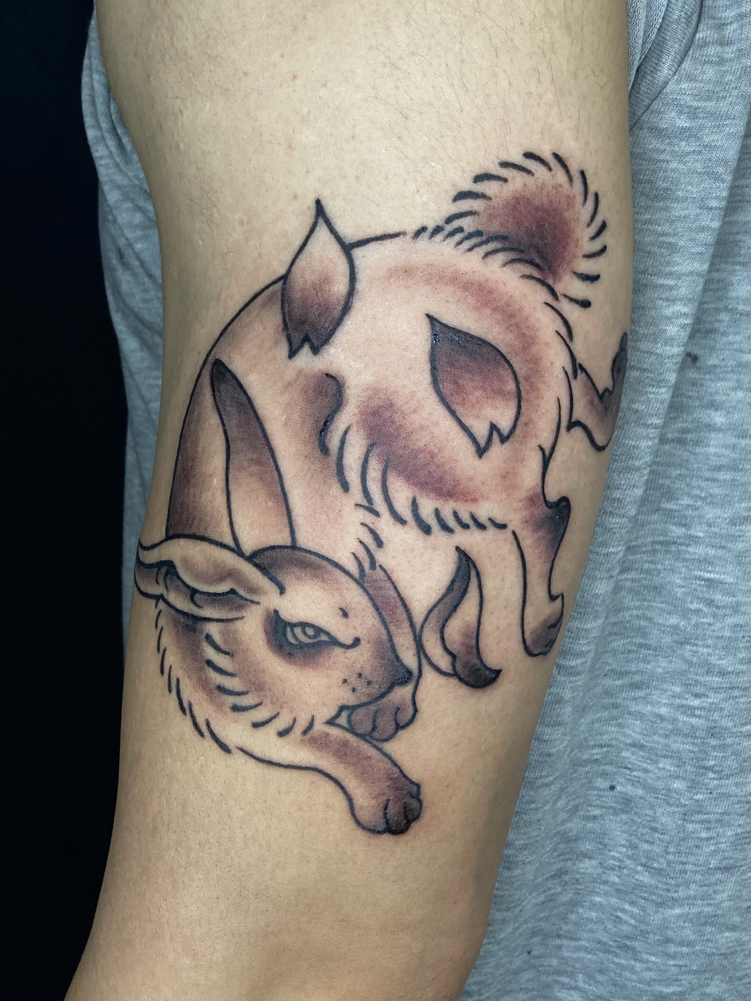 Tattoo of a lion's face on a person's arm, outlined with black ink and featuring some shading.