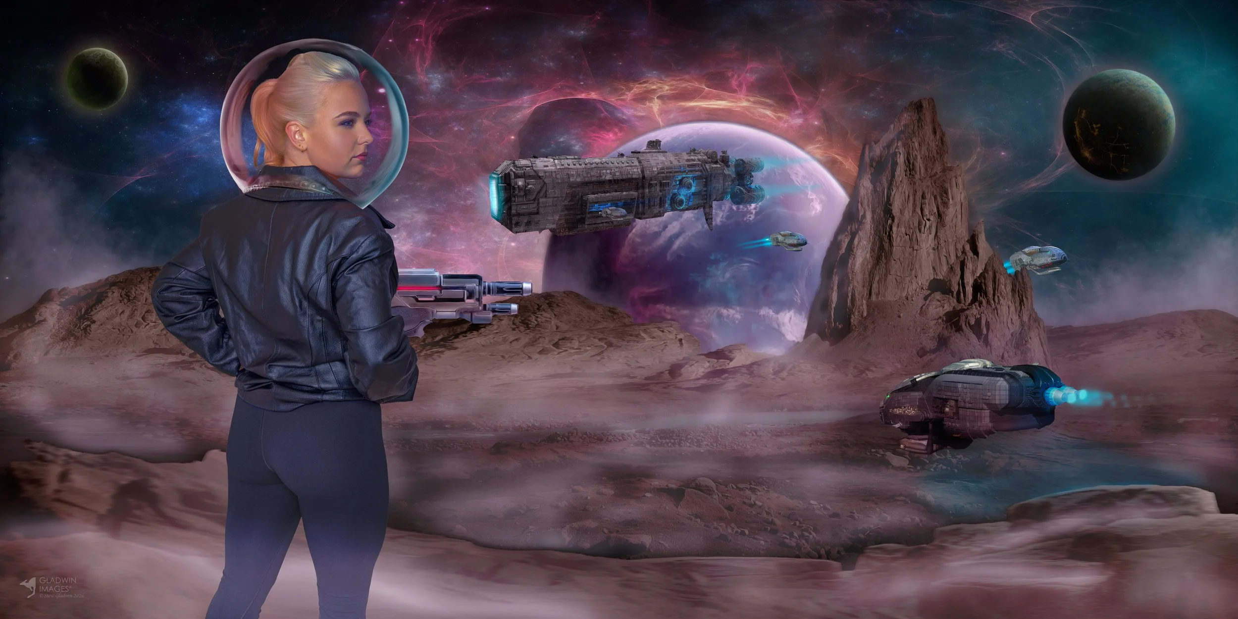 Female astronaut defending a far-away world