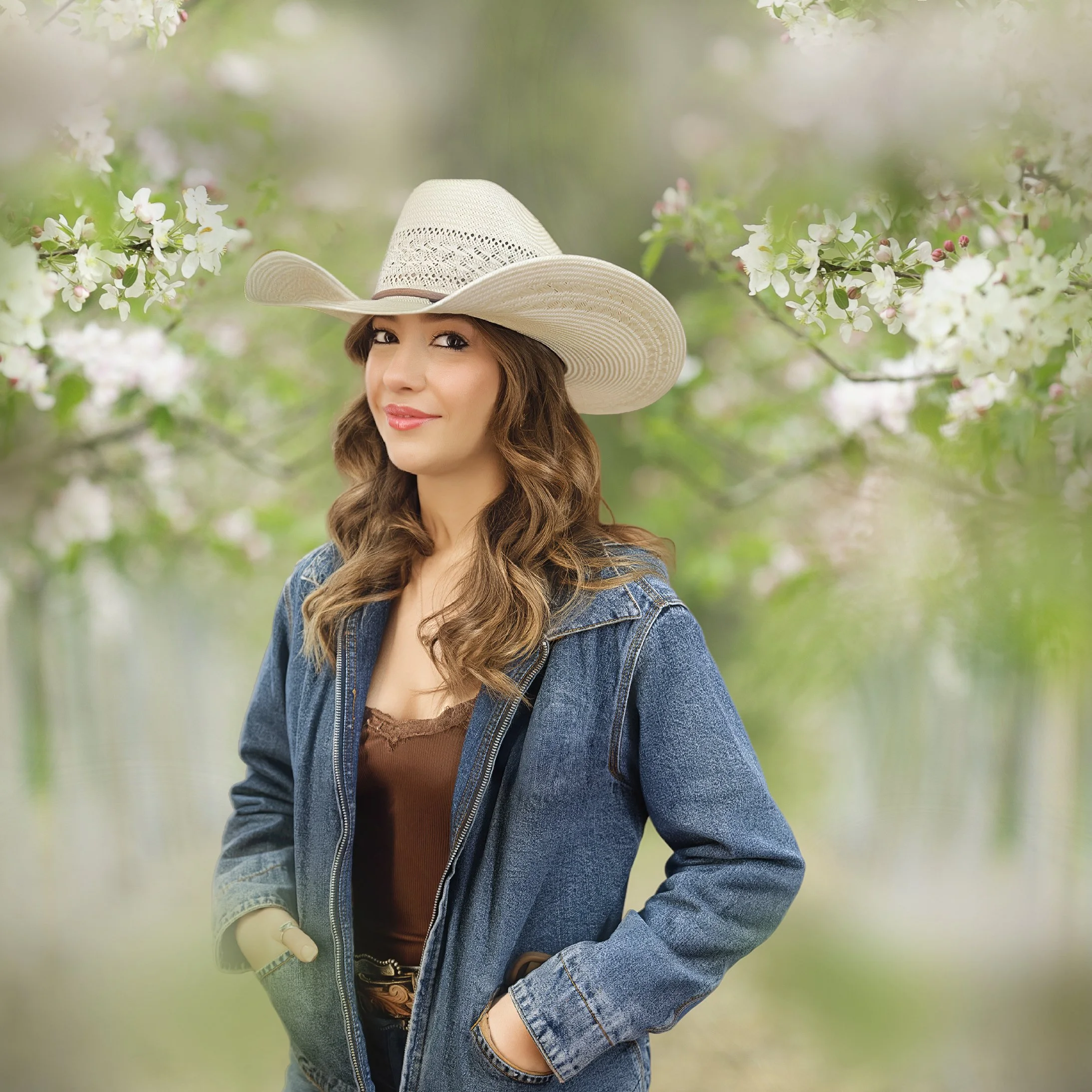 Creative portrait of a woman wearing a cowboy hat with dramatic studio lighting