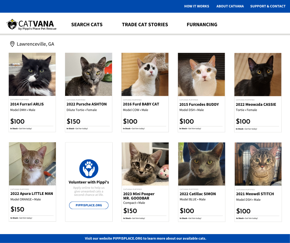 Screenshot of the CatVANA pet rescue website showcasing various cats for adoption, including their photos, names, breeds, models, and prices, with a blue and white color scheme.