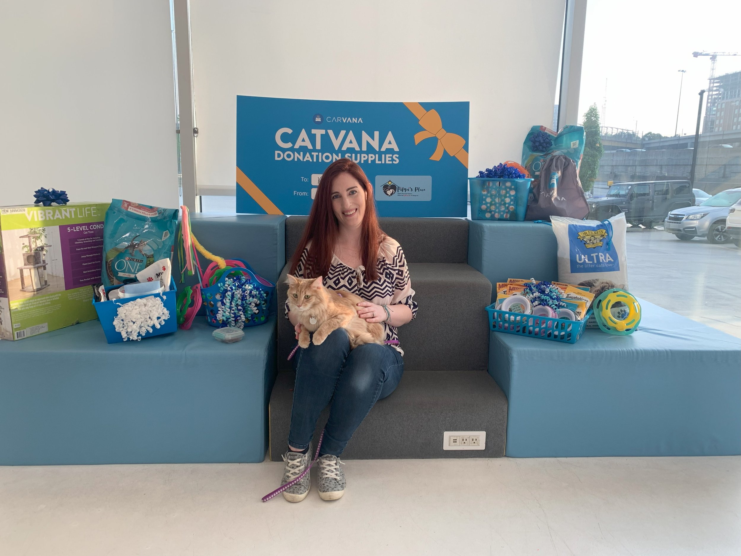 A woman sitting on a grey bench holding an orange cat, surrounded by donation supplies in a room with a large window and a sign that reads 'CatVana Donation Supplies'.
