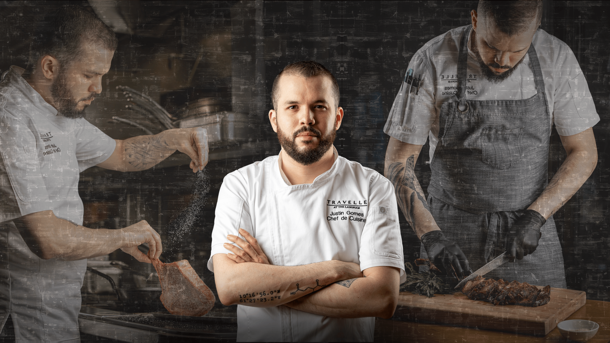 Chef Justin Gomes searing a steak in a professional kitchen