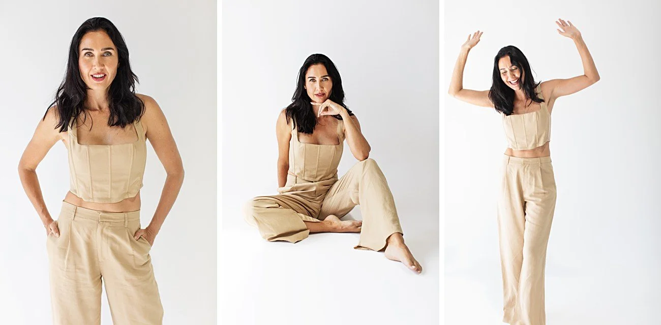 A woman with dark hair wearing a beige two-piece outfit, posing in three different stances against a white background.