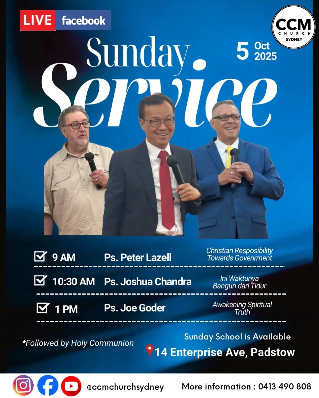 Shalom!
Don’t miss out the 1st Sunday service in October, with new monthly theme we are going to be blessed by the teaching. And prepare our heart to receive the Holy Communion. 
Come along with your family and friends to worship God together,