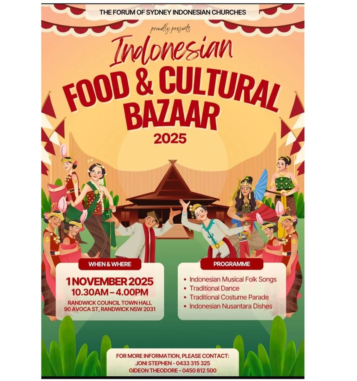 ✨ Get ready, Sydney! 
The Indonesian Food &amp; Cultural Bazaar 2025 is coming to Randwick Town Hall on 1 November!
🎶 Folk songs 💃 traditional dances 👘 costume parade and 🍛 authentic Nusantara dishes await!
📍 90 Avoca St, Randwick NSW
🕥 10.30 A