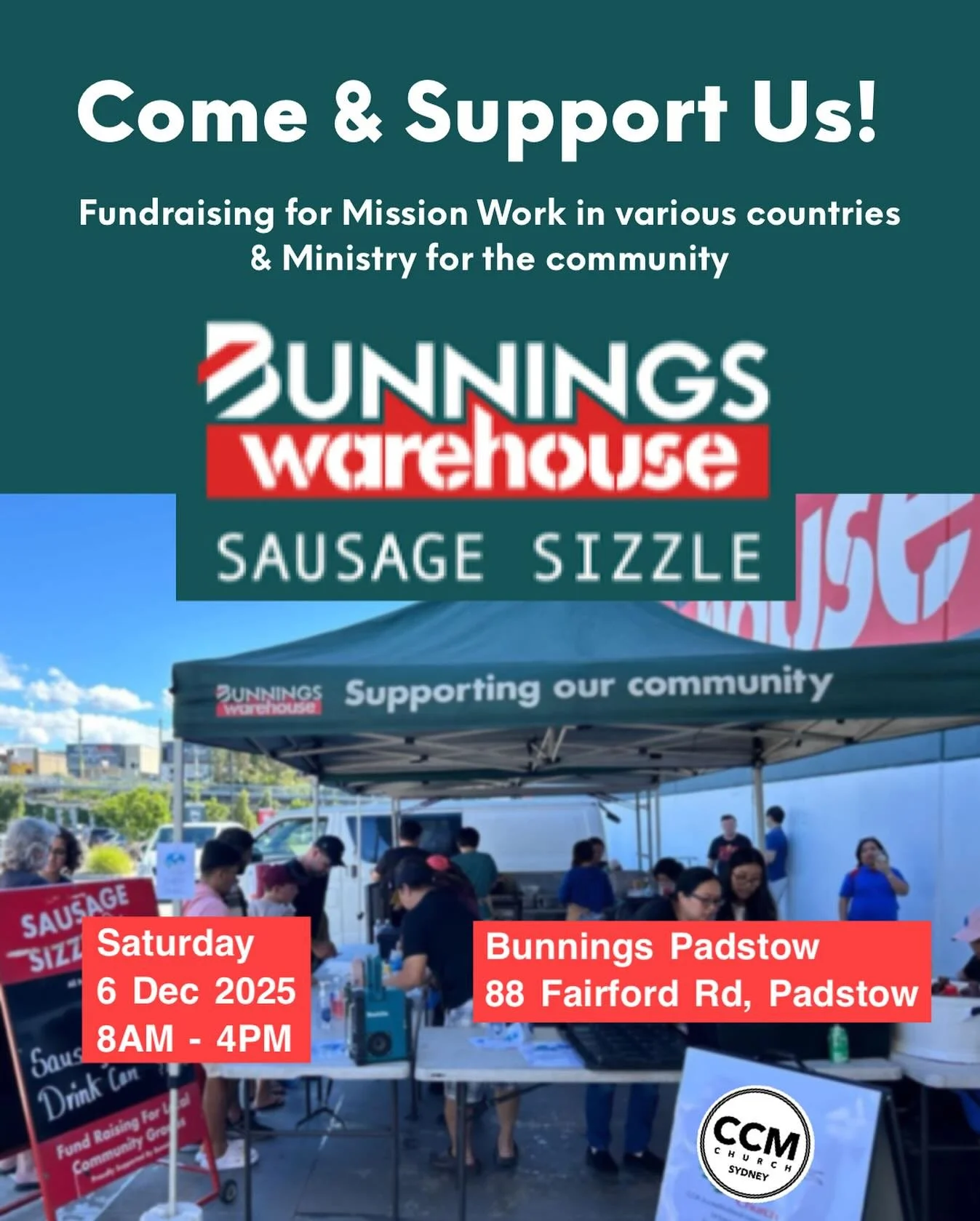Come and Enjoy the sizzling 🌭🌭🌭🌭🌭!

Bunnings Sausage Sizzle at Bunnings Padstow, 88 Fairford Rd, Padstow 
📆 Saturday, 6th December 2025
⏰ 8 AM to 4 PM. 

We want you to be part of it as your support will help our mission work in various countri