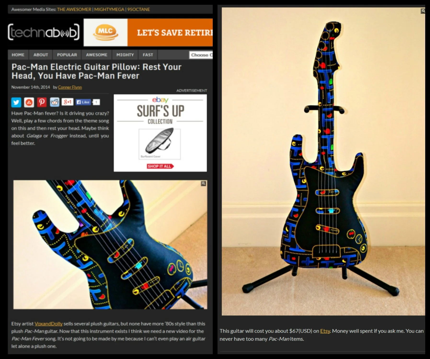 A cardboard and plush toy electric guitar painted with Pac-Man themed graphics and colors, displayed on a stand against a plain wall.