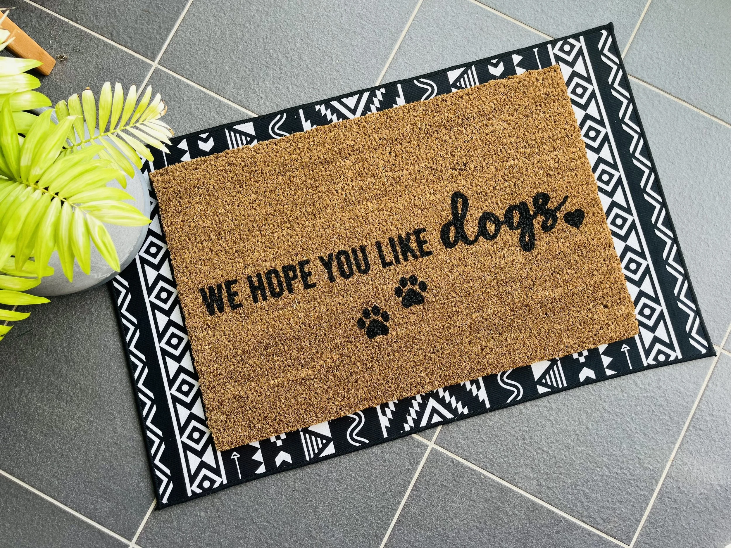 We Hope You Like Dogs Doormat with Heart and Paw Prints