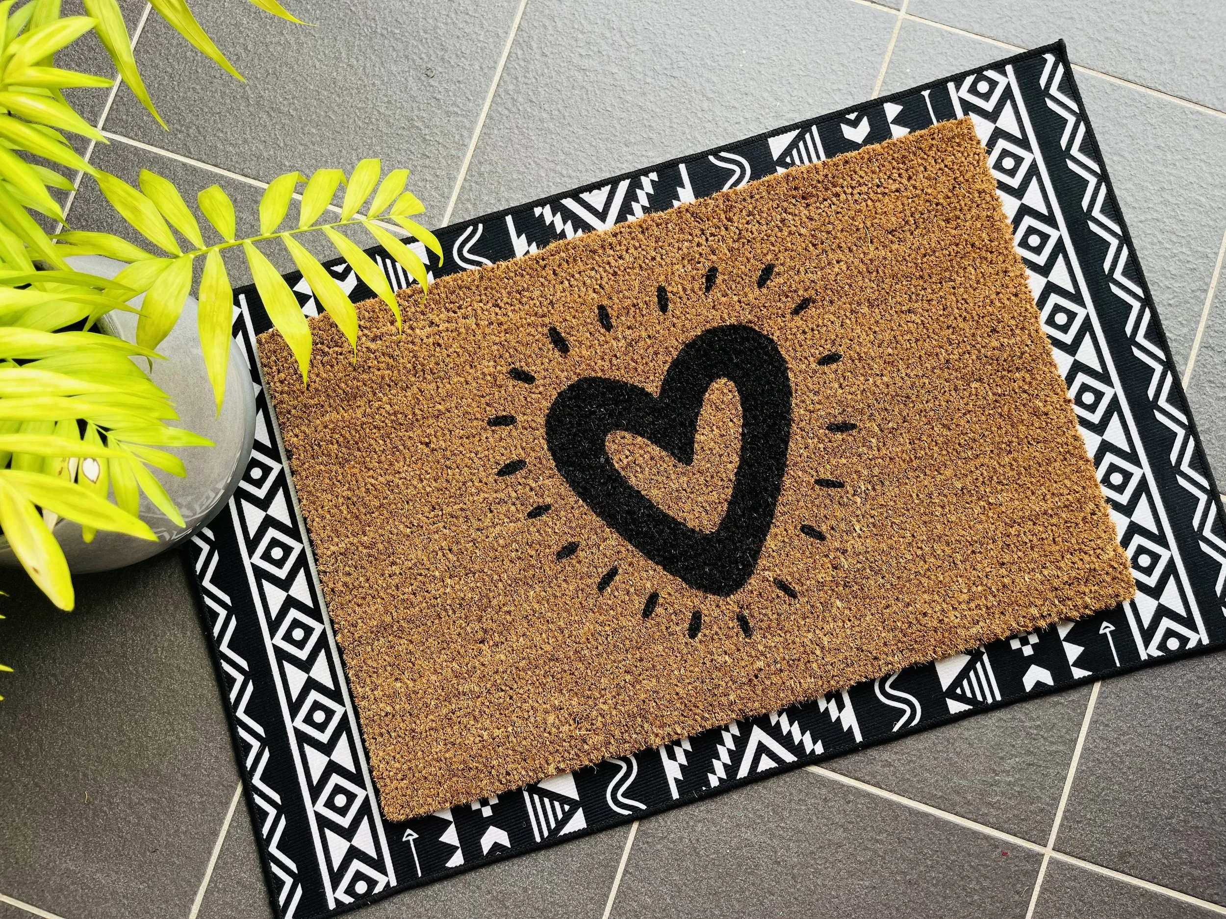 Coir Doormat with Black Love Heart and Sparkles