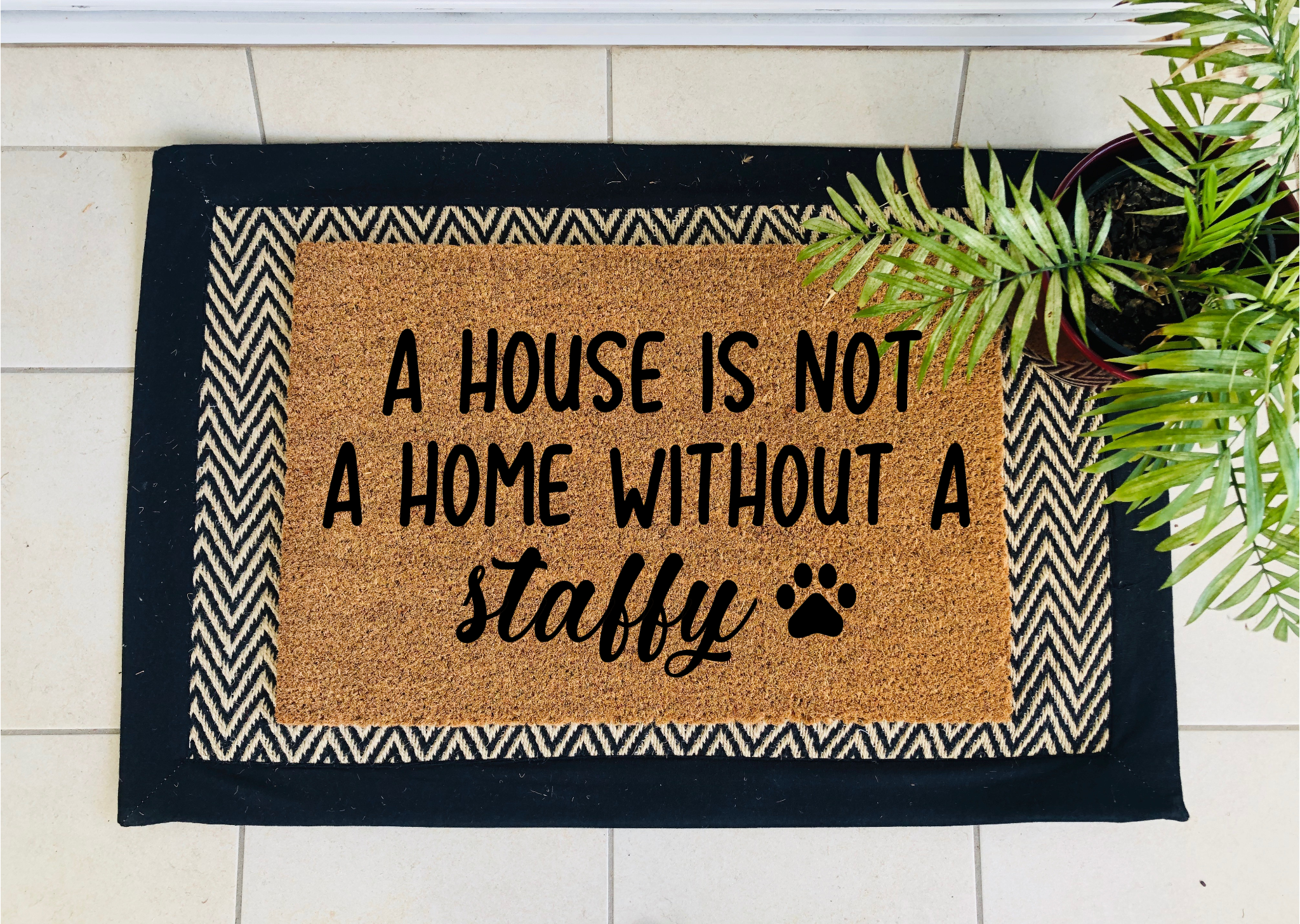 Staffy Hand Painted Coir Doormat with Paw Print