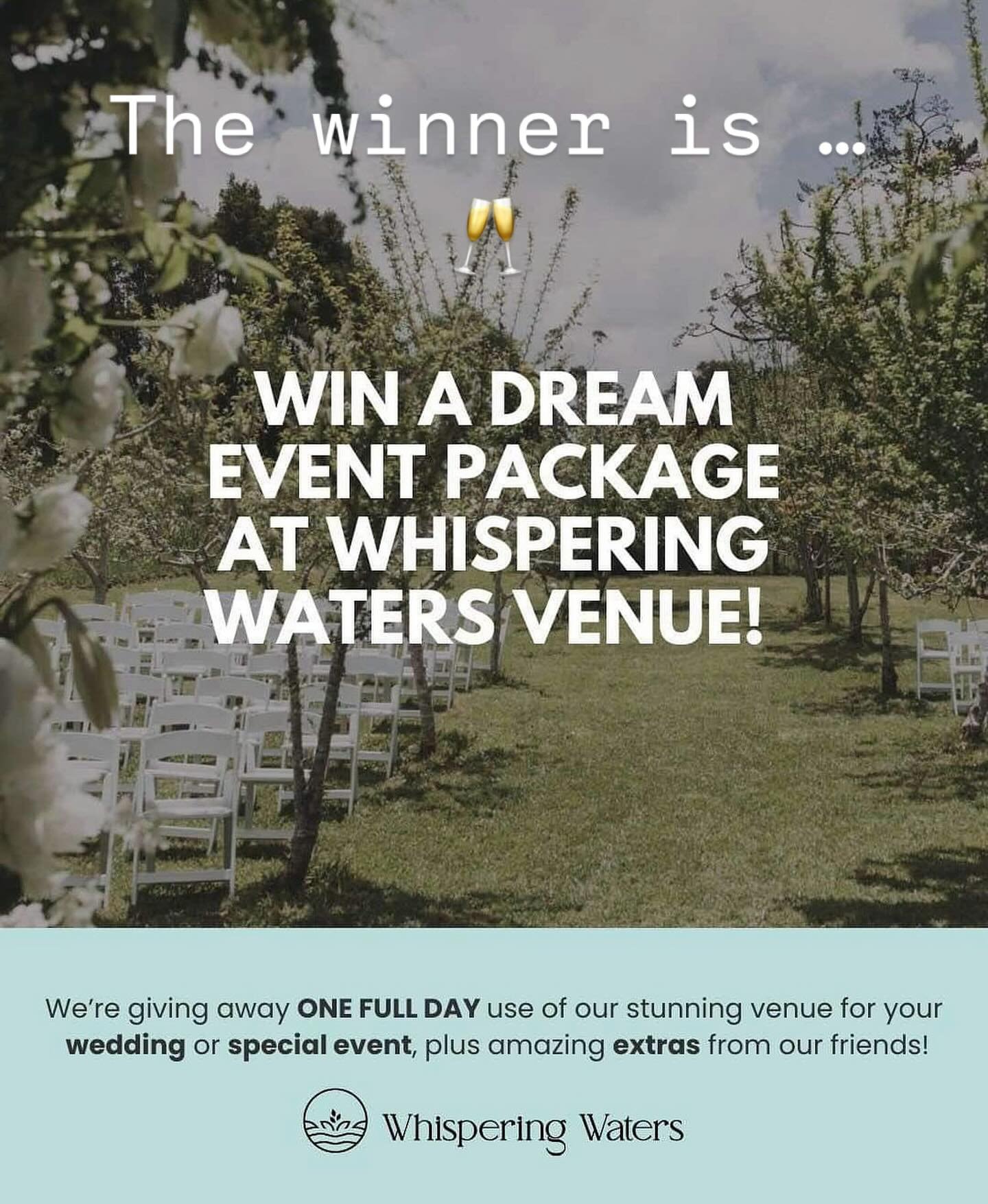 🎉 Congratulations to @tammypalm 🙌🥂🌹

We are thrilled to announce that you are the lucky winner of the Whispering Waters Grand Opening Giveaway! 🥳 You&rsquo;ve won an incredible prize package that includes:

&bull; Full-Day Venue Hire from Whispe