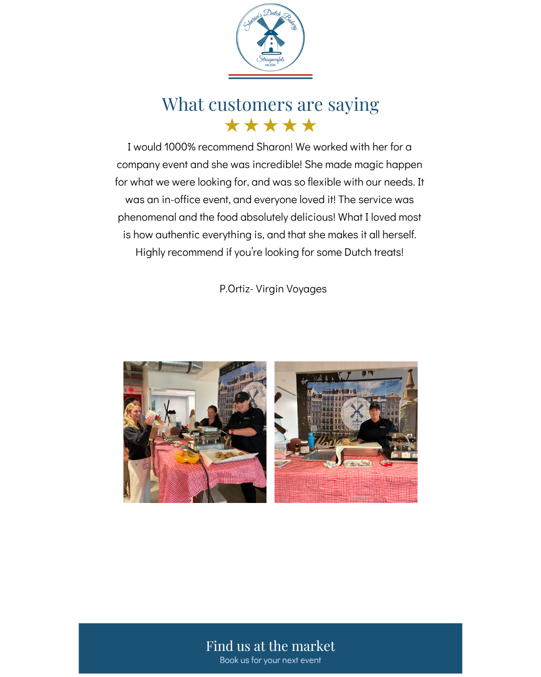 Customer testimonial for Sharon's Dutch Bakery live stroopwafel baking experience at a corporate event