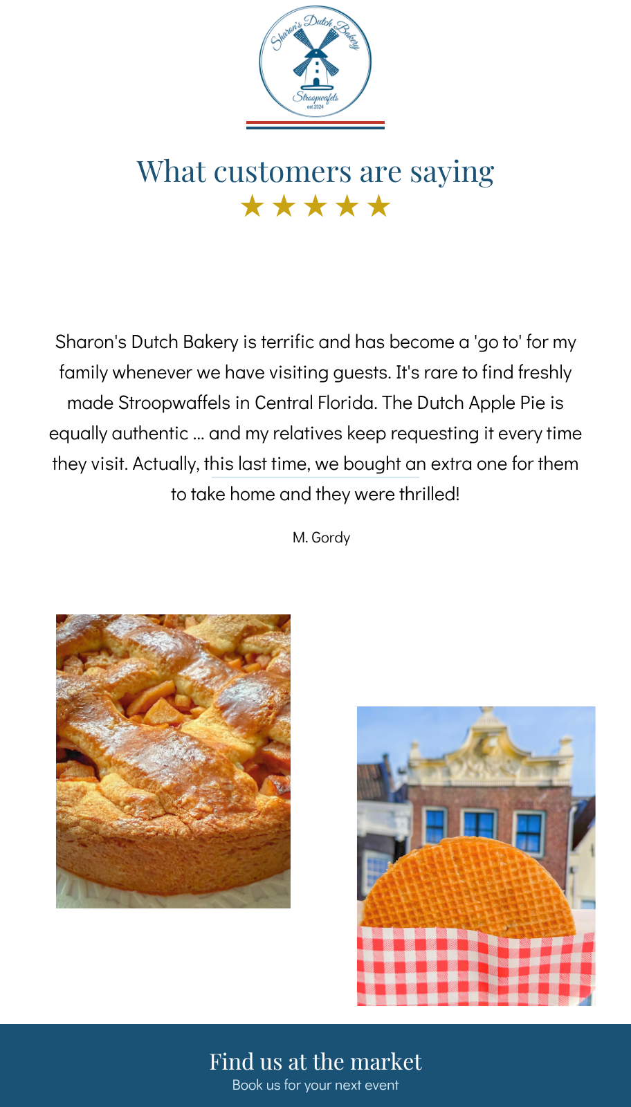 Five-star customer reviews for Sharon's Dutch Bakery and its authentic Dutch treats