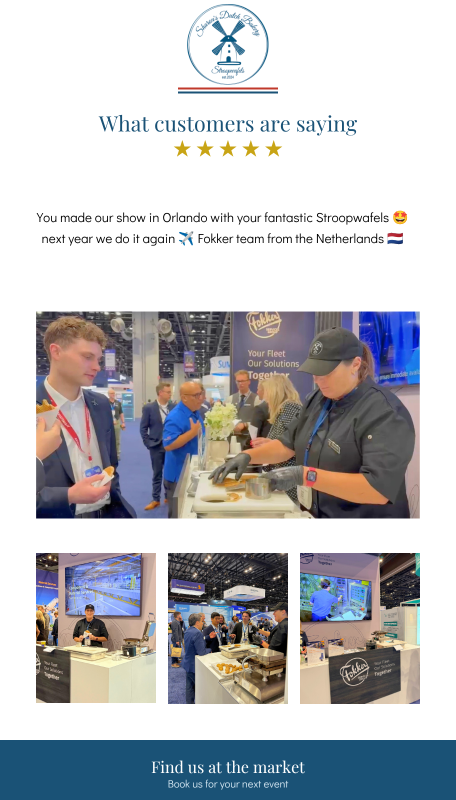 Customer testimonial for Sharon's Dutch Bakery live stroopwafel baking experience at a corporate event