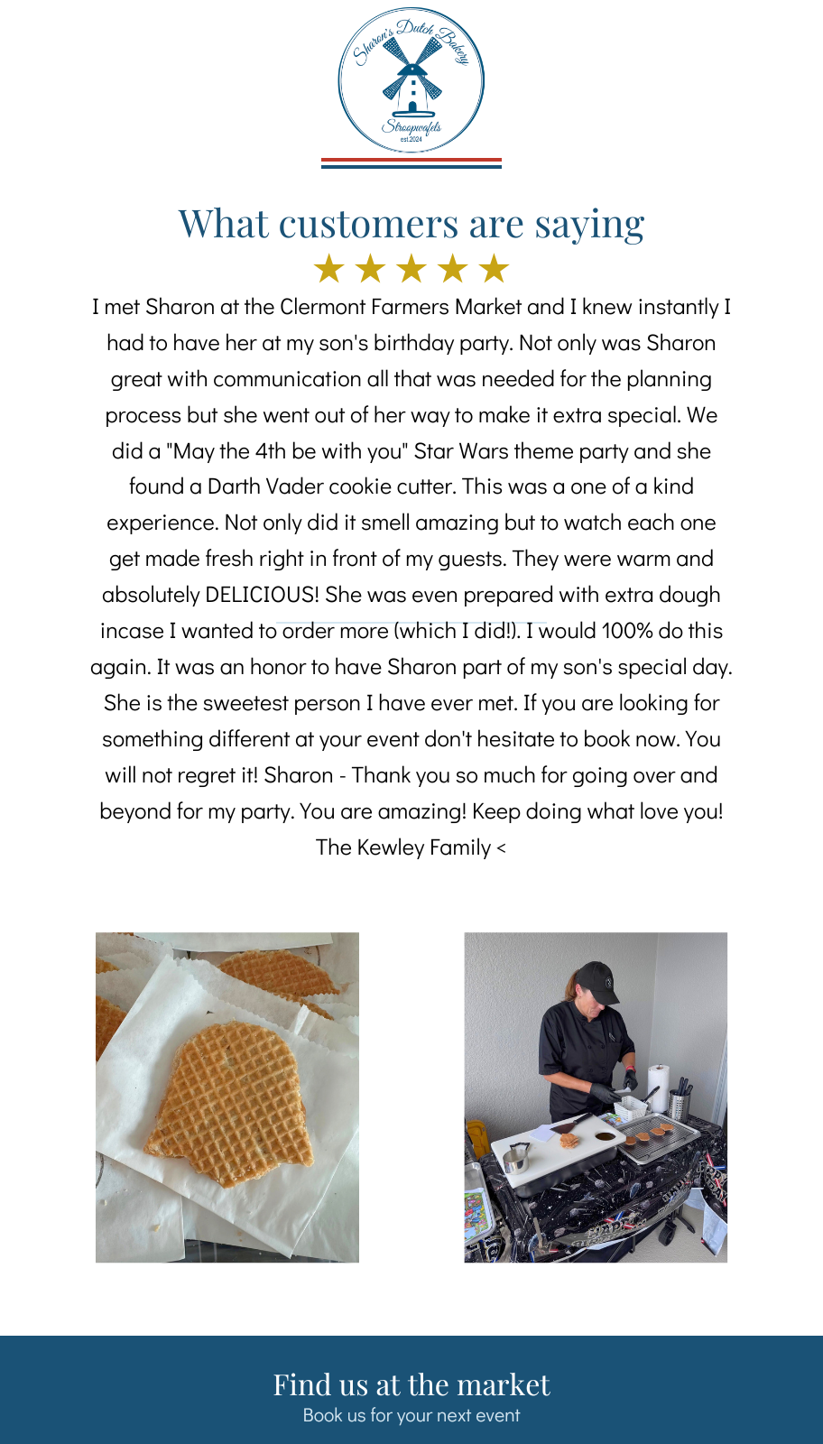 Customer testimonial for Sharon's Dutch Bakery live stroopwafel baking experience at a corporate event