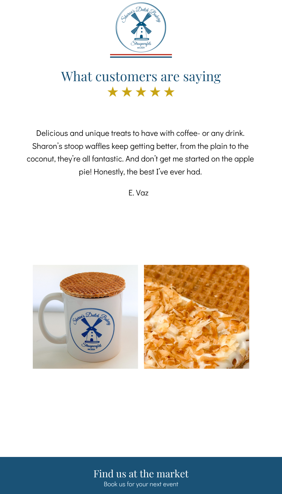 Five-star customer reviews for Sharon's Dutch Bakery and its authentic Dutch treats