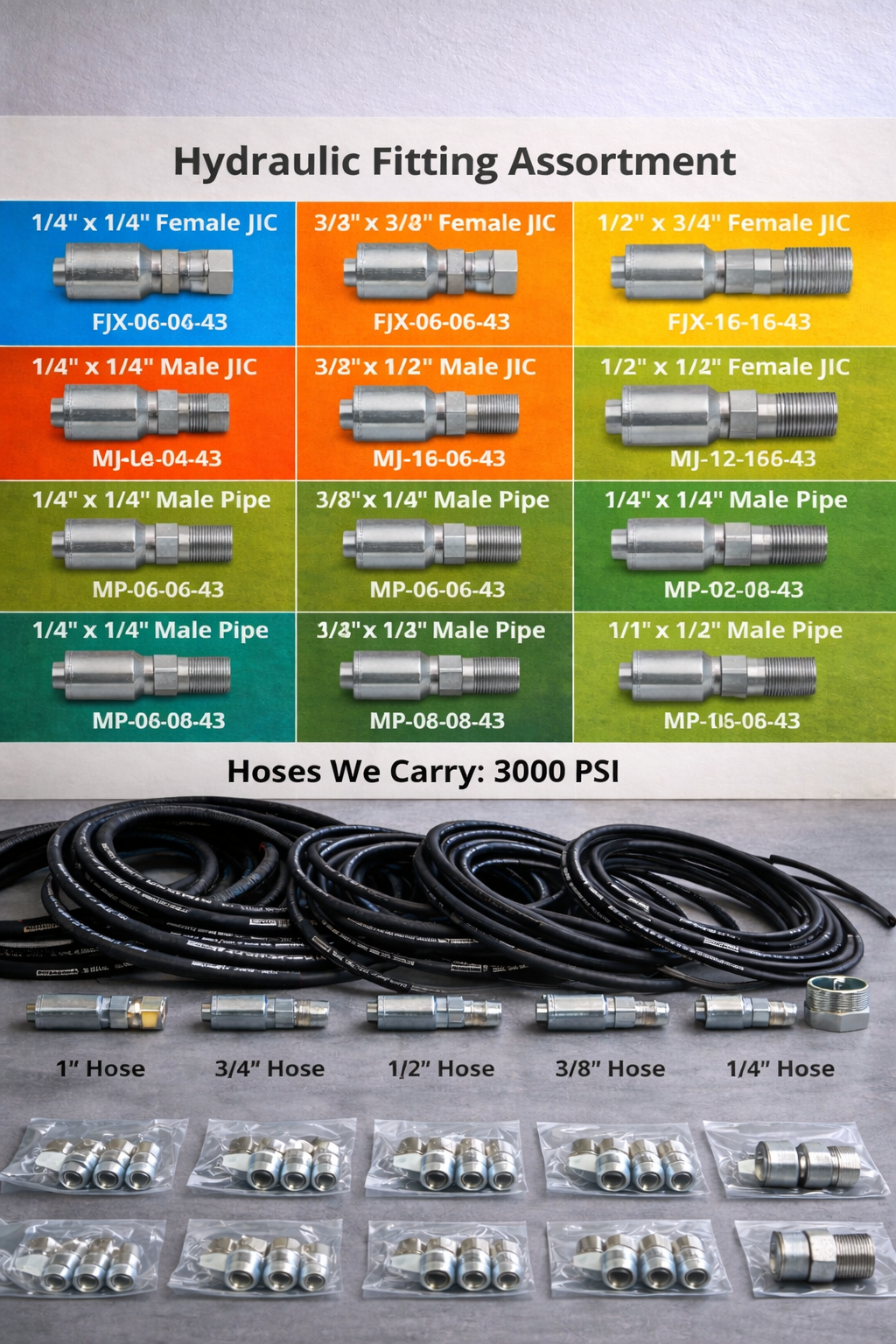 Hydraulic hose and fitting assortment display with color-coded chart showing JIC and pipe fittings (1/4”, 3/8”, 1/2”, 3/4”, 1”), coiled black hoses rated to 3000 PSI,