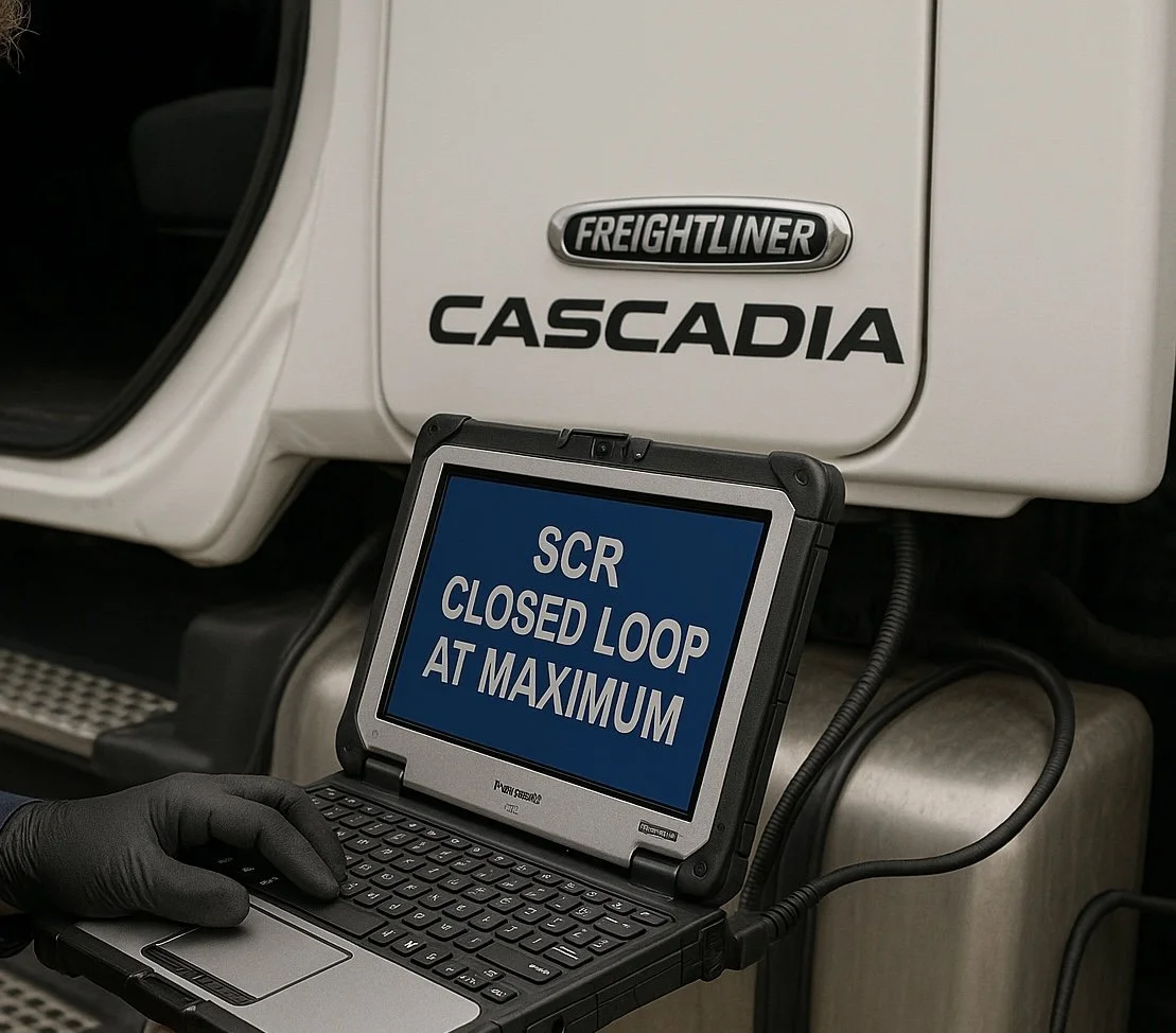 Freightliner Cascadia SCR system repair in shop, Technician diagnosing Freightliner aftertreatment system, DEF injector and NOx sensor replacement Freightliner semi-truck, Semi-truck SCR closed loop fault code