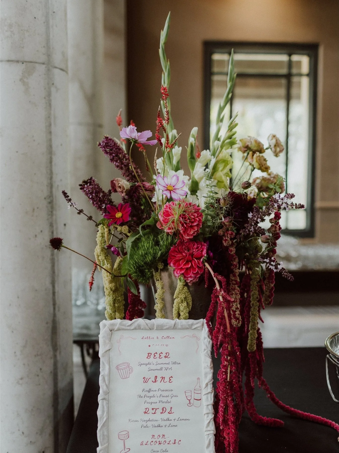 For L+Cs reception we decided on petite table florals to complement the elegant styling. I designed each uniquely to emphasise the delicious textures and colours of the flowers. 
The bar was adorned with one large vessel overflowing with amaranth and