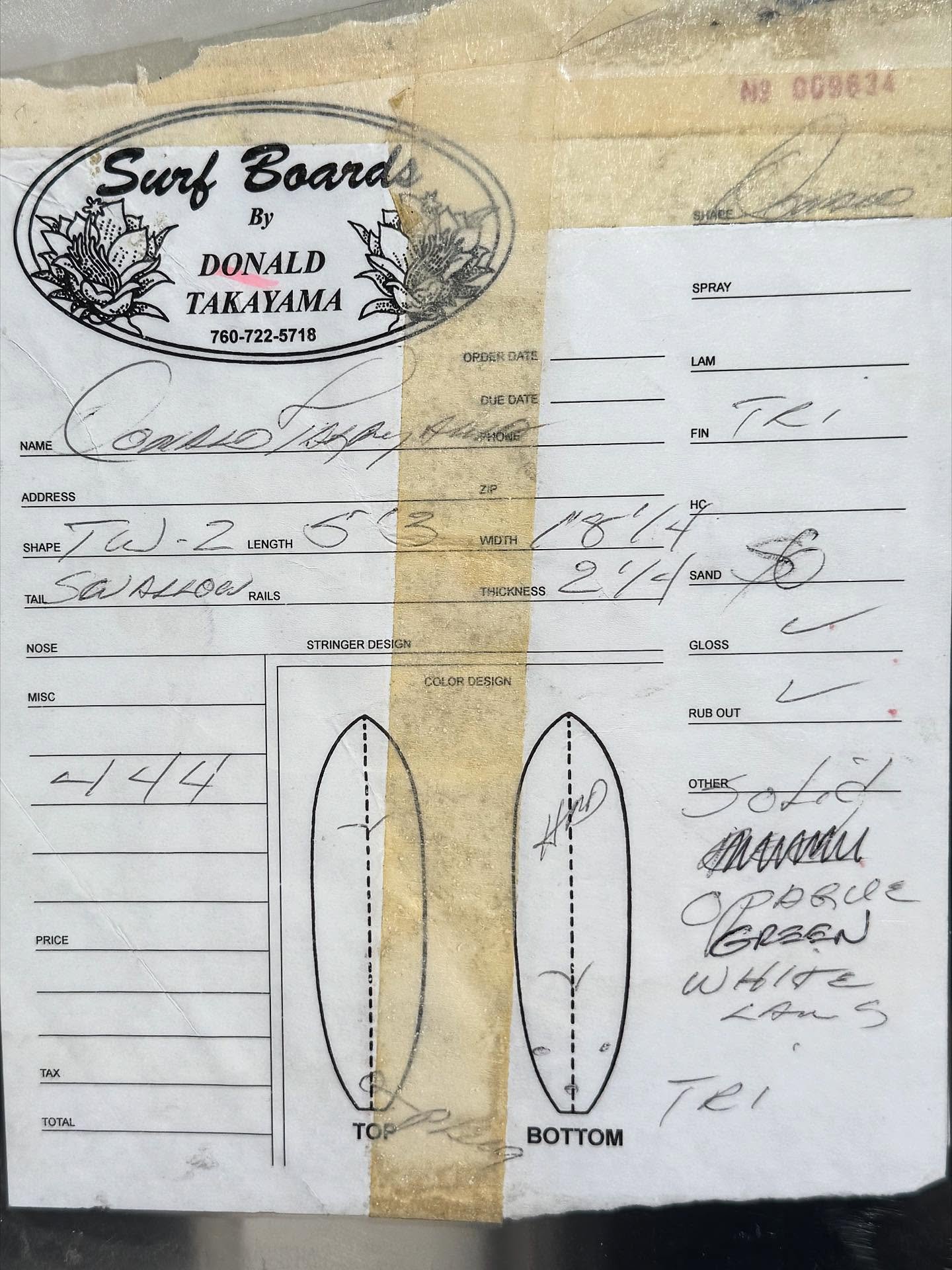 My grandpa Donald Takayama kept this. An original custom order form, handwritten and laminated by him. Every board began here. This piece of paper holds so much history, care, and craftsmanship. The first one is mostly likely a custom for a kid🤙🏼

