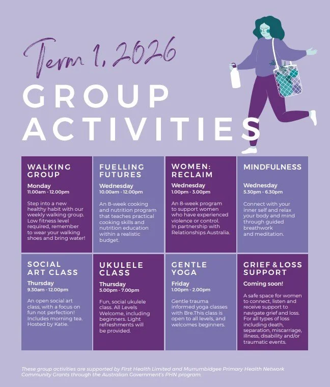 🌸 Our Term 1, 2026 Group Programs Are Here! 🌸

We&rsquo;re excited to share our new line-up of group classes at the Wagga Women&rsquo;s Health Centre. There&rsquo;s something for everyone - whether you&rsquo;re looking to connect, create, move, or 