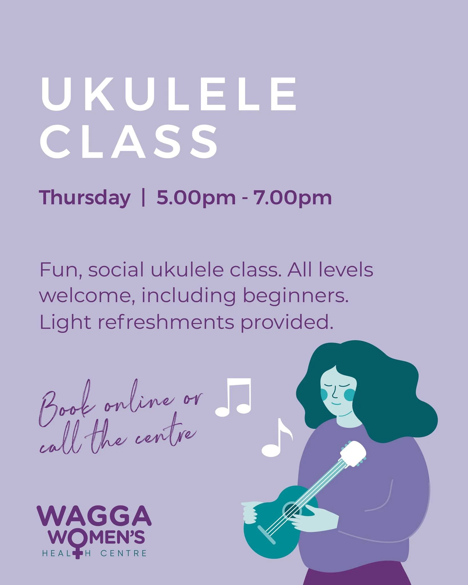🎶 Ukulele 🎶
Join us for a fun and social Ukulele Class &ndash; perfect for beginners, seasoned strummers, and everyone in between!
🪕 Thursdays | 5:00PM &ndash; 7:00PM
🎵 All levels welcome
😊 No pressure, just good vibes
📍 Wagga Women's Health Ce