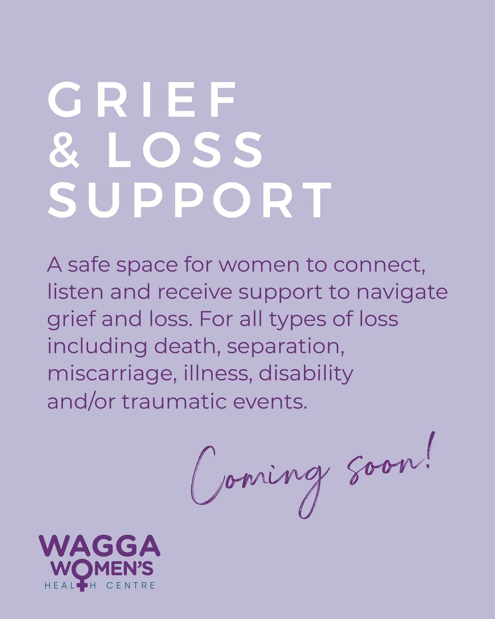 💜 Grief and Loss Support Group &ndash; Coming Soon 💜

Our Grief and Loss Support Group is a safe, supportive space for women to connect, listen, and receive compassionate support while navigating grief and loss.

This group is open to women experie